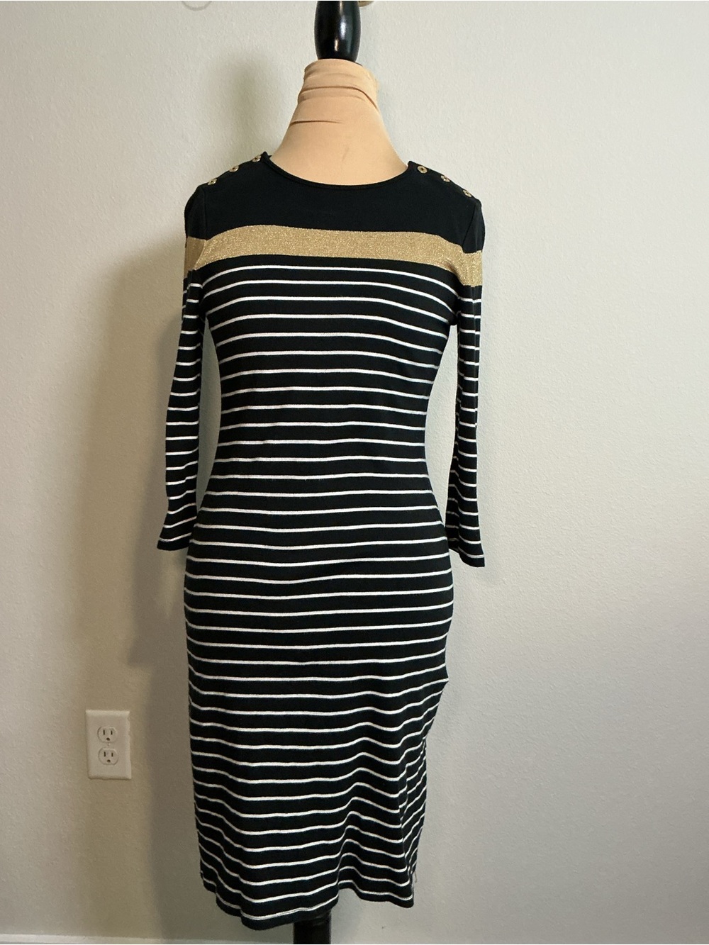 Black & White Striped Dress with Gold Accent - Womens